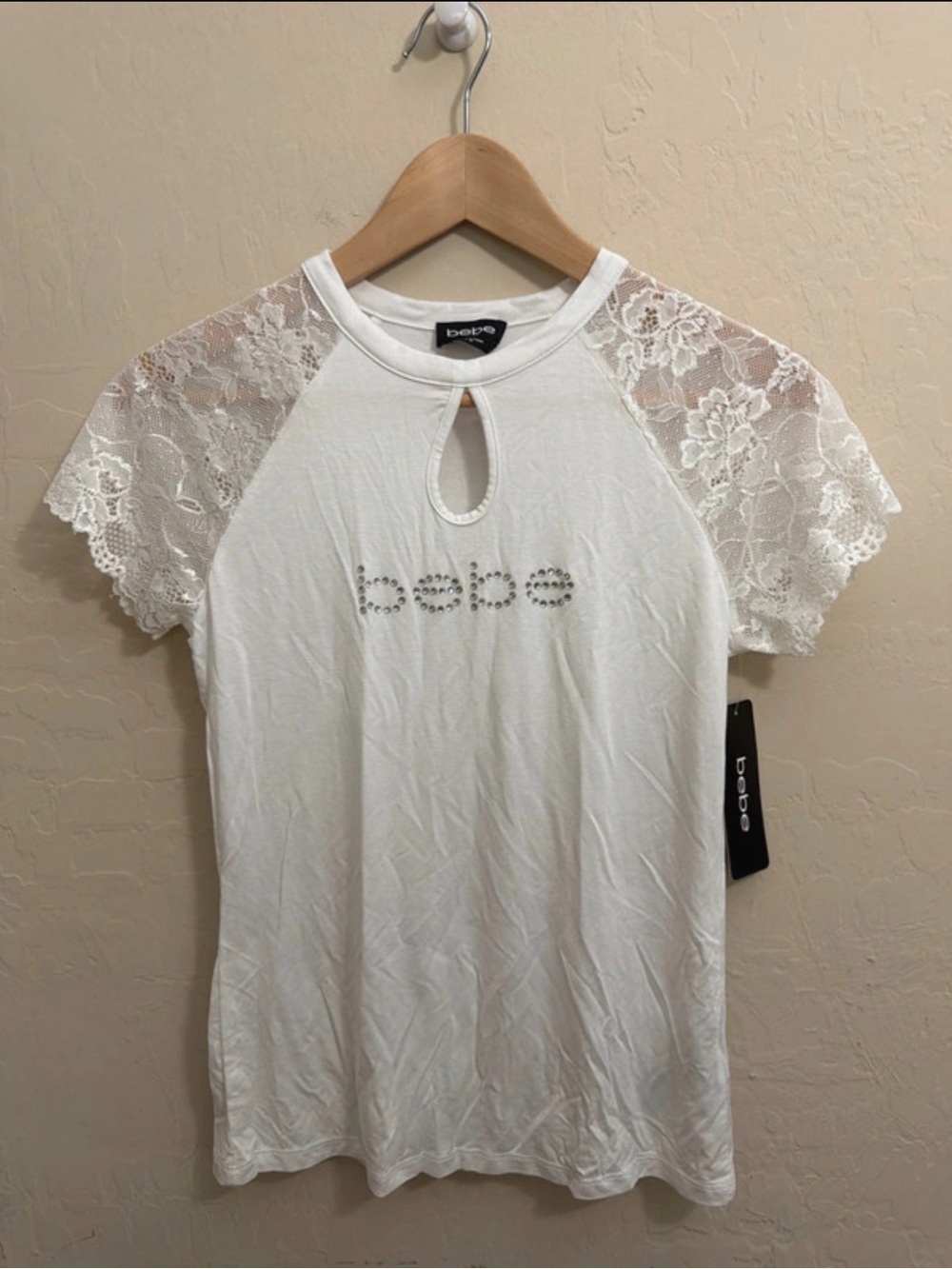 bebe White Lace-Sleeve Rhinestone Logo Tee